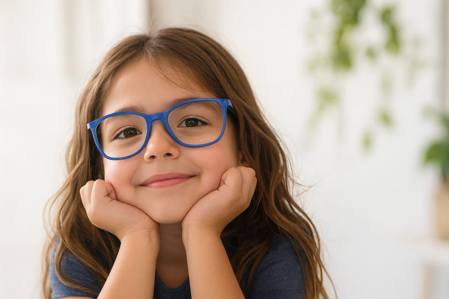 Niña sonriendo con lentes de armazón azul